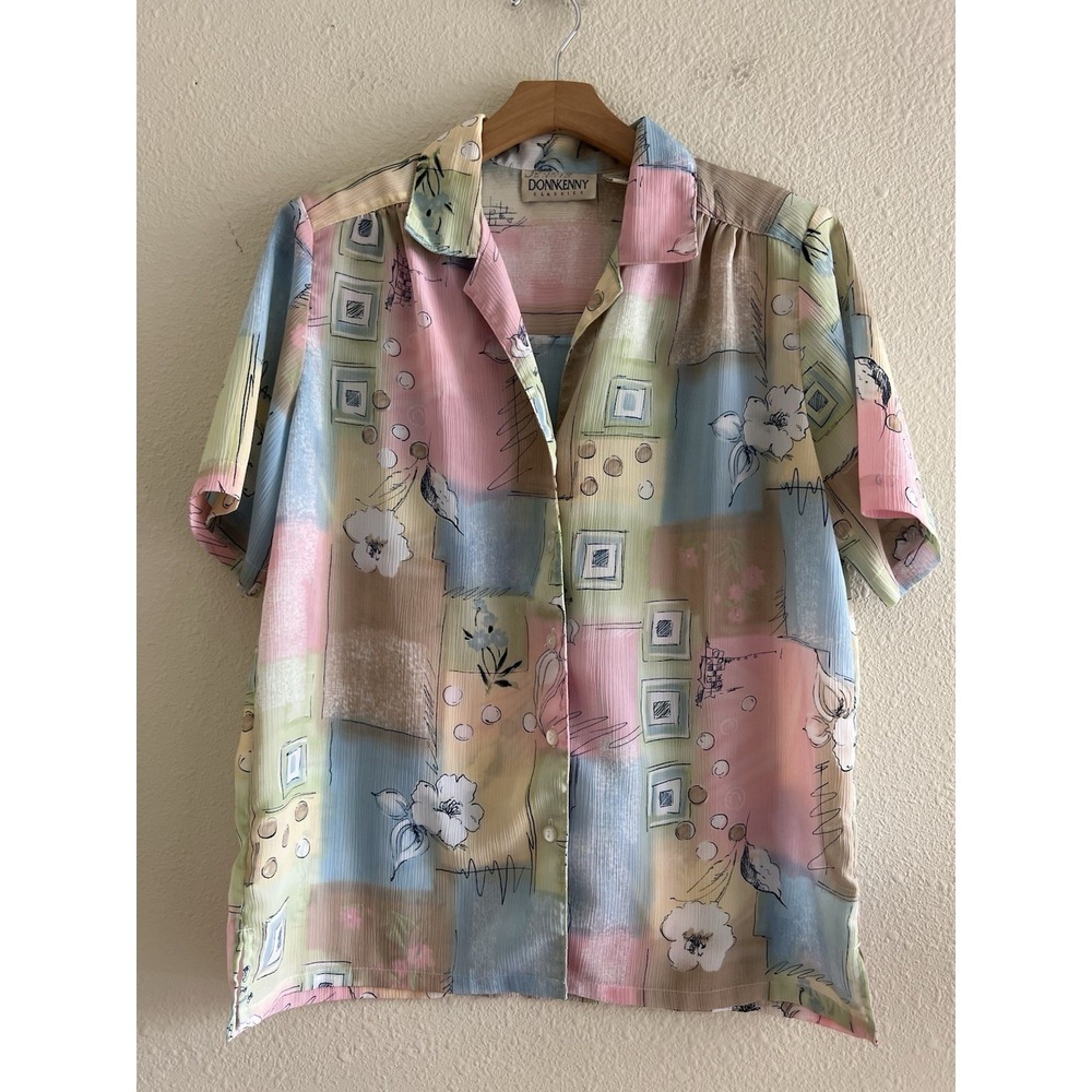 DonnKenny Button Up Blouse Size M Pastel Patchwork Design Short Sleeve Boho